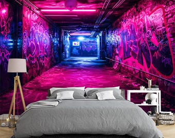 Neon Graffiti Tunnel Wall Mural – Urban Street Art Wallpaper, Pink Purple Glow, Peel & Stick Bedroom Decor, Modern Aesthetic Wall Art