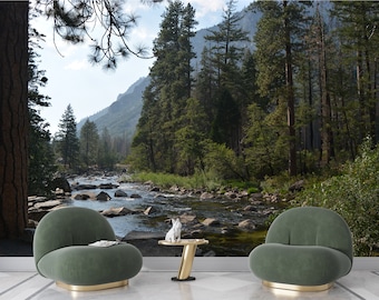 Forest Landscape Wallpaper Mural: Peel and Stick Mountain Lake Art
