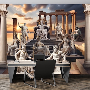 Carta da parati con architettura degli antichi greci, statue vintage, murale con mitologia greca, murale con carta da parati in vinile storica, stampa stacca e attacca