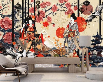 Fototapeta japońska „Gejsza”: Sakura Chinoiserie Peel and Stick (winyl)