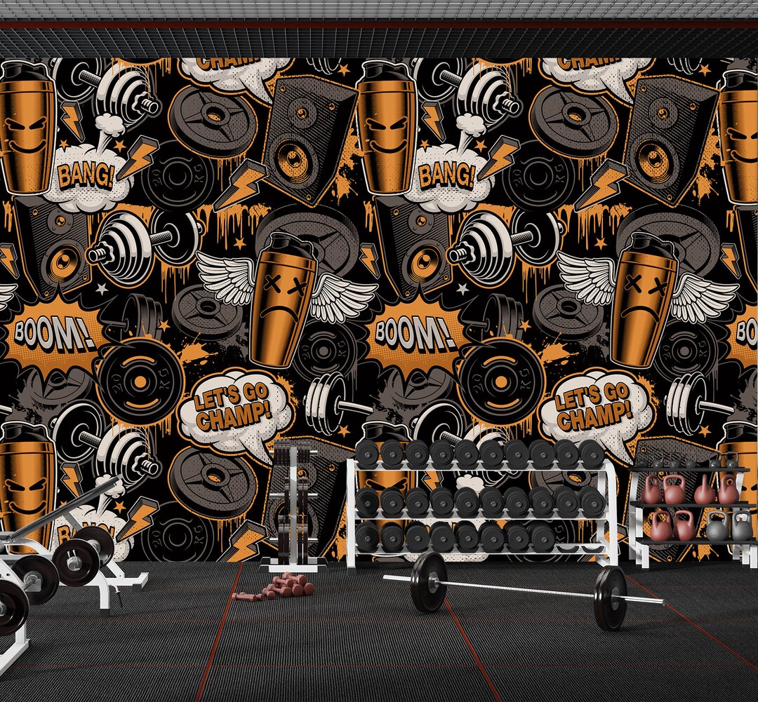 Gym Wall Mural Street Art Style Wallpaper Peel and Stick Fitness Sport