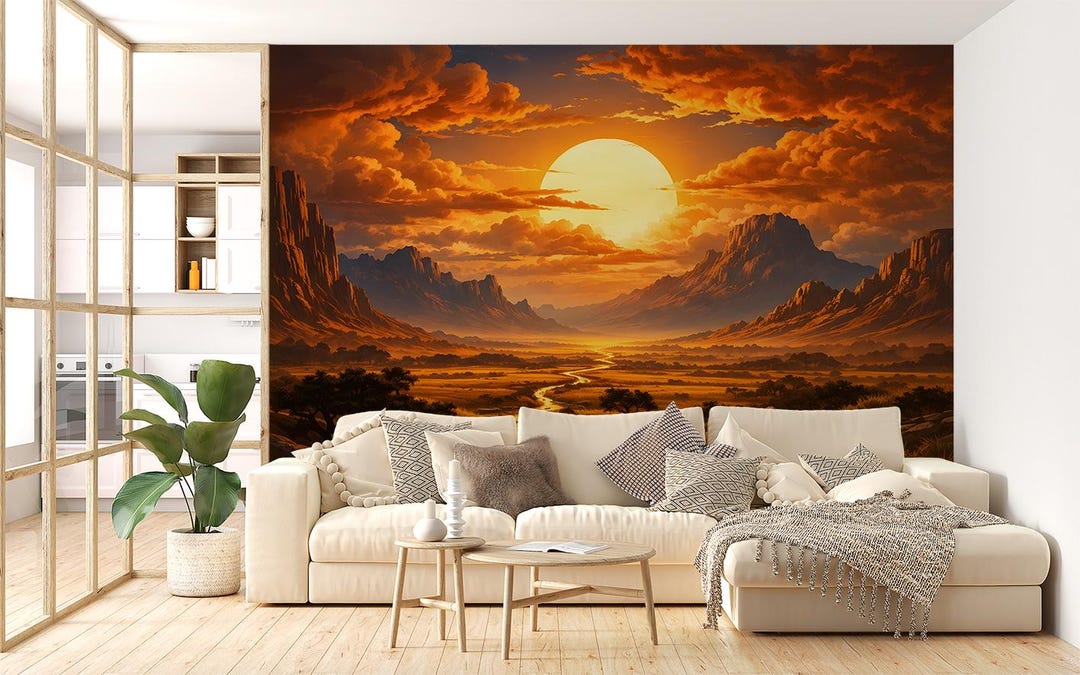 Sunset Mountain Peel and Stick Wall Mural, Desert Landscape Wallpaper ...
