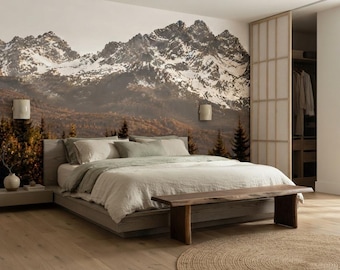 Mountain Wallpaper Mural, Snowy Alps Landscape Wall Decor, Forest Mountain Wallpaper, Peel and Stick Non Woven Bedroom Wallpaper