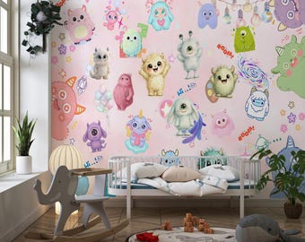 Cute Monster Wallpaper, Kawaii Space Wall Mural, Kids Room Wallpaper, Nursery Decor, Pastel Monster Wallpaper, Peel and Stick