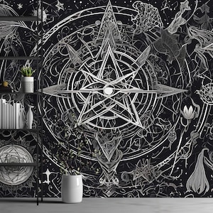 Carta da parati gotica stregonesca, murale occulto in bianco e nero, vinile scuro, staccabile e attaccabile, murale mistico e magico per adolescenti, soggiorno, sfondo scuro