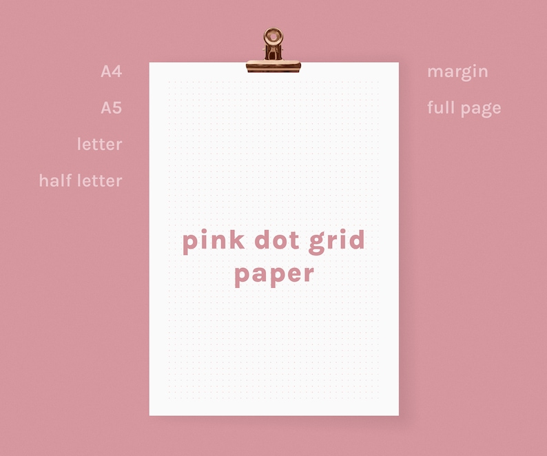 Printable pink dot grid paper, dot sheet printable, journal template, bullet, PDF, A4, A5, letter, half letter image 1