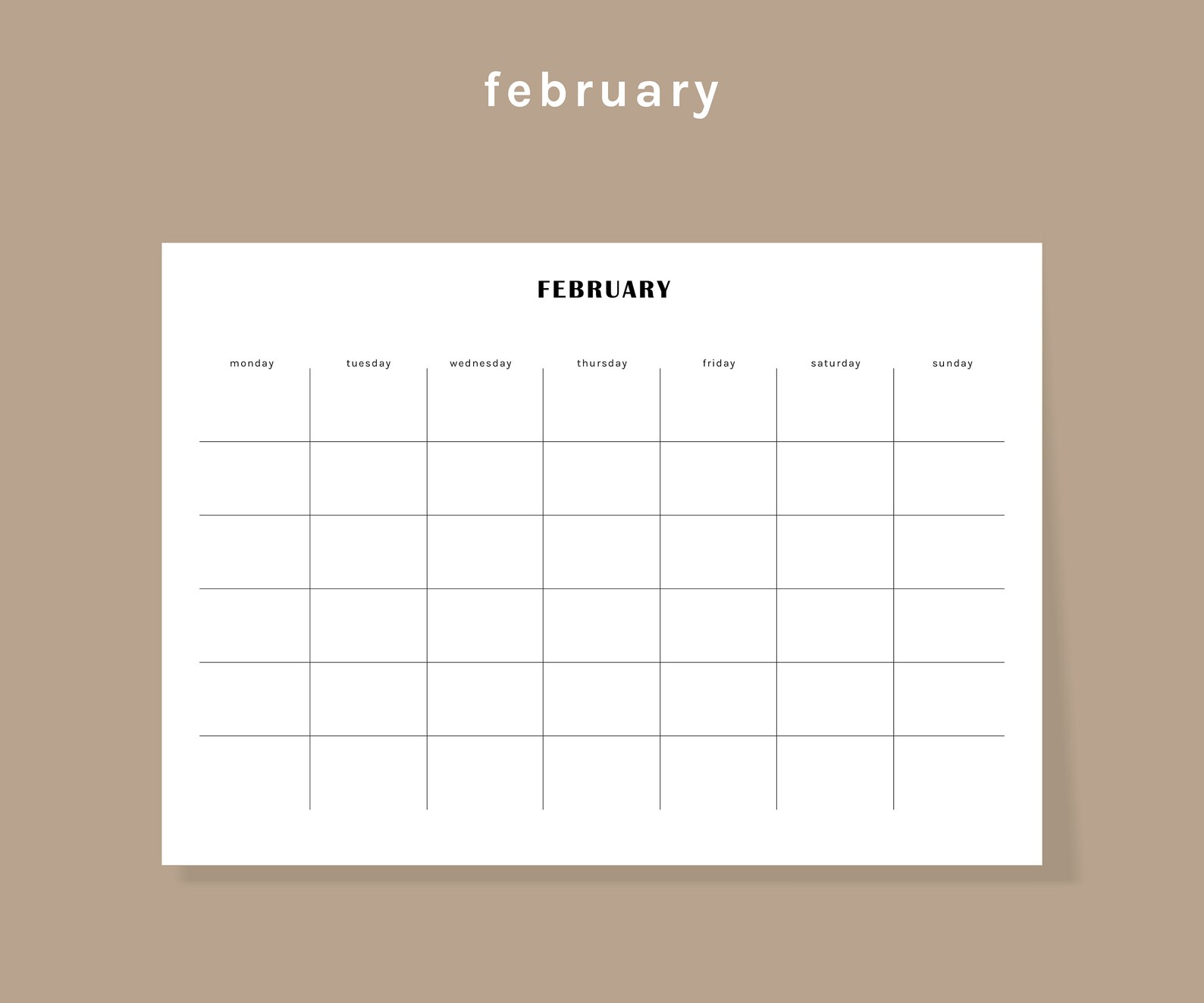 Printable Blank Calendar - Minimalist Calendar Template - Monday/sunday ...