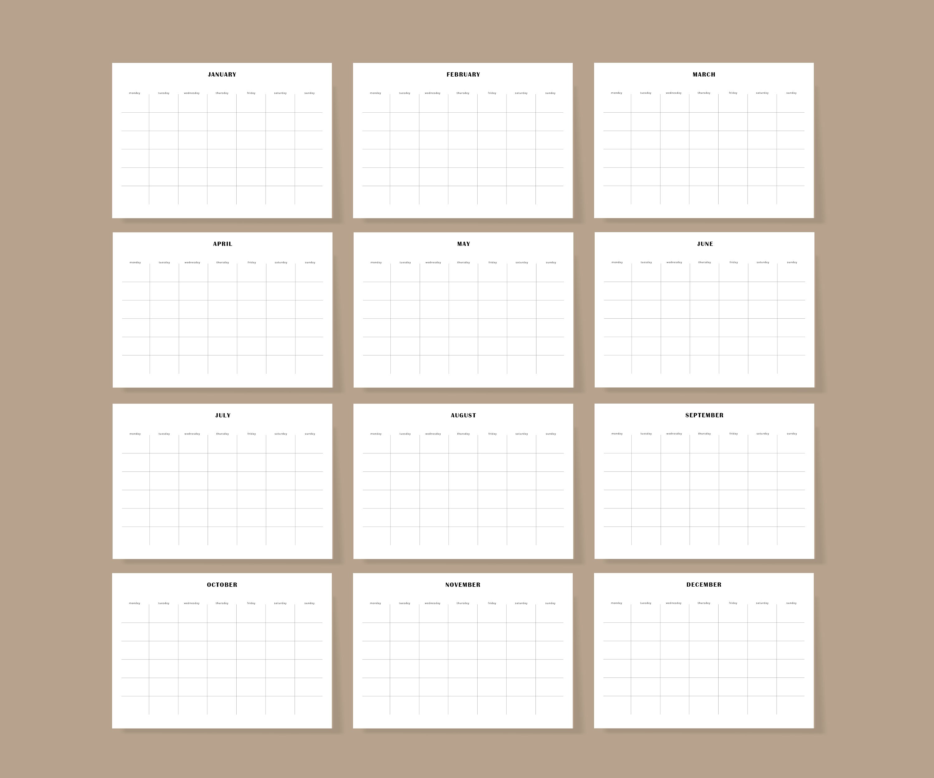 Printable Blank Calendar - Minimalist Calendar Template - Monday/sunday ...