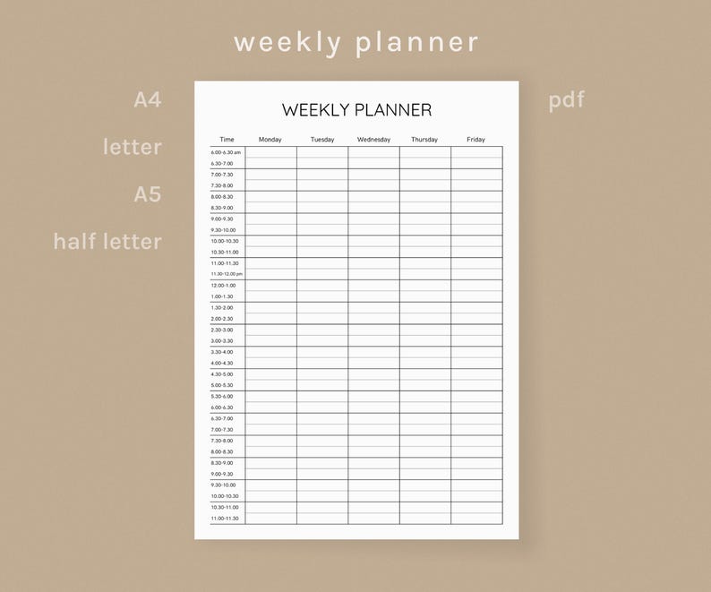 Printable Weekly Planner | Minimalist Hourly Schedule Template | A4 A5 ...