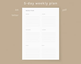 5 day weekly planner, printable weekly schedule, week at a glance, five day weekly printable, A4 and letter, PDF