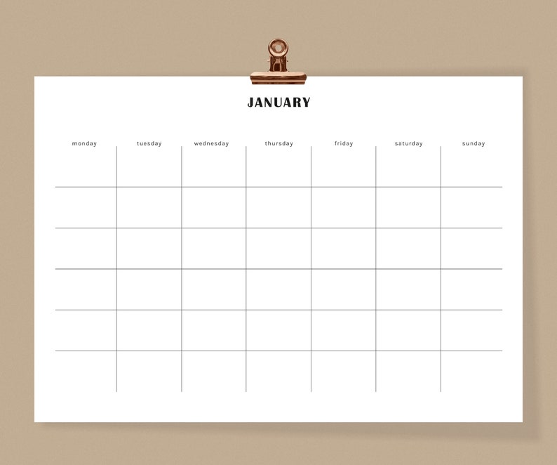Printable Blank Calendar - Minimalist Calendar Template - Monday/sunday ...