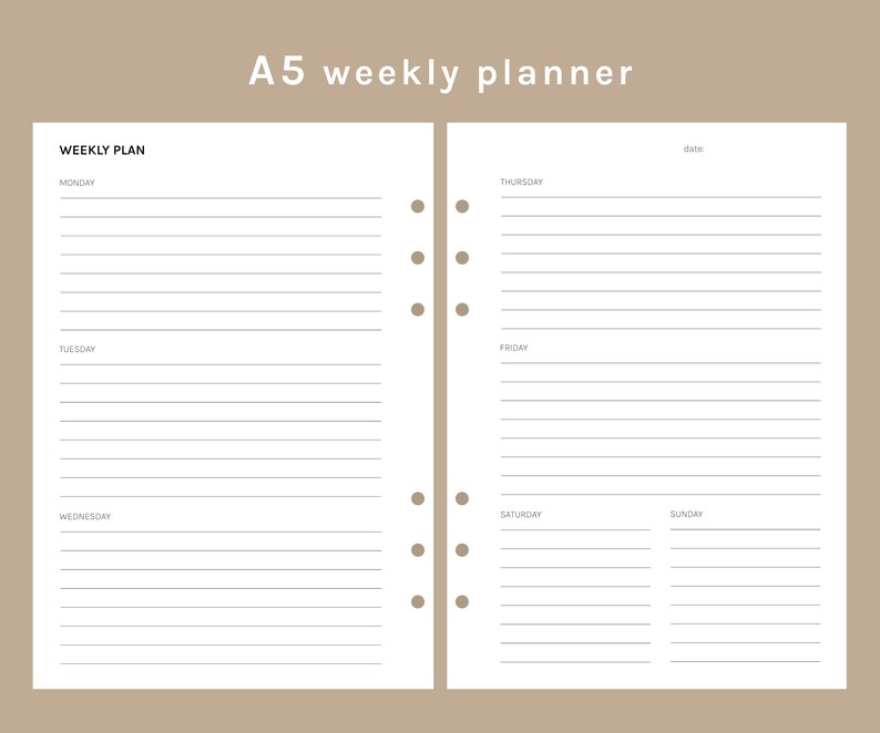 Printable Weekly Planner Inserts | A5 Weekly Plan | Minimalist Digital ...