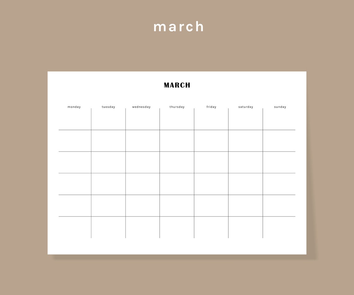 Printable Blank Calendar - Minimalist Calendar Template - Monday/sunday ...