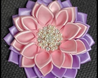 Satin Flower Corsage Light Pink & Light Purple Brooch with Magnetic Backing.