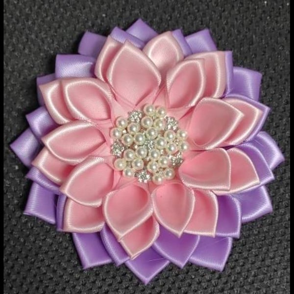 Satin Flower Corsage Light Pink & Light Purple Brooch with Magnetic Backing.