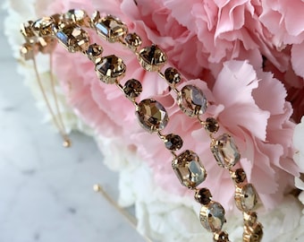 Crystal Double Headband, Jeweled Bridal Headpiece, Gold Wedding Tiara