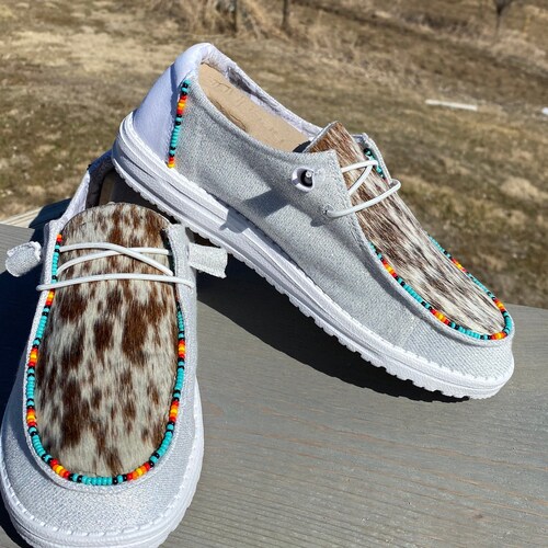 Custom Beaded Cowhide Hey Dudes Etsy