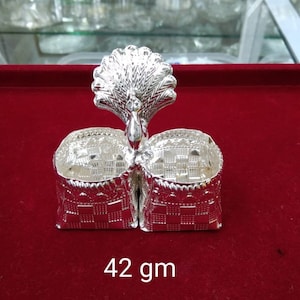Box lining Design Haldi/Kumkum Holder/Bowl Having Lid with Peacock Design, Silver trinket box, brides gift or puja utensils