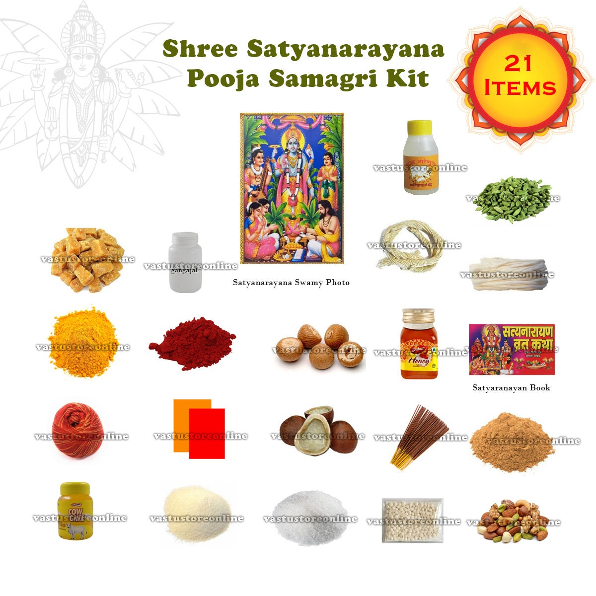 Sri Satyanarayana Swamy Vratham Pooja Samagri Kit, Contains 21 Items