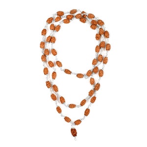 2 Mukhi Indonesian (Java) Rudraksha Moon Mala in 96% Purity Silver Made 54 +1 Beads In 9 mm - 10 mm Lab Certified 32 Inch approx mala length