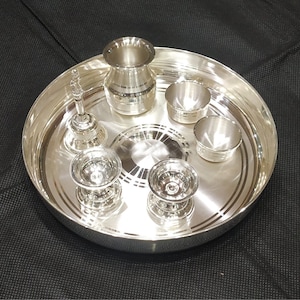 92.5 Purity Silver Pooja thali - Pack of 7 items in the Set - 7&quot; plate size