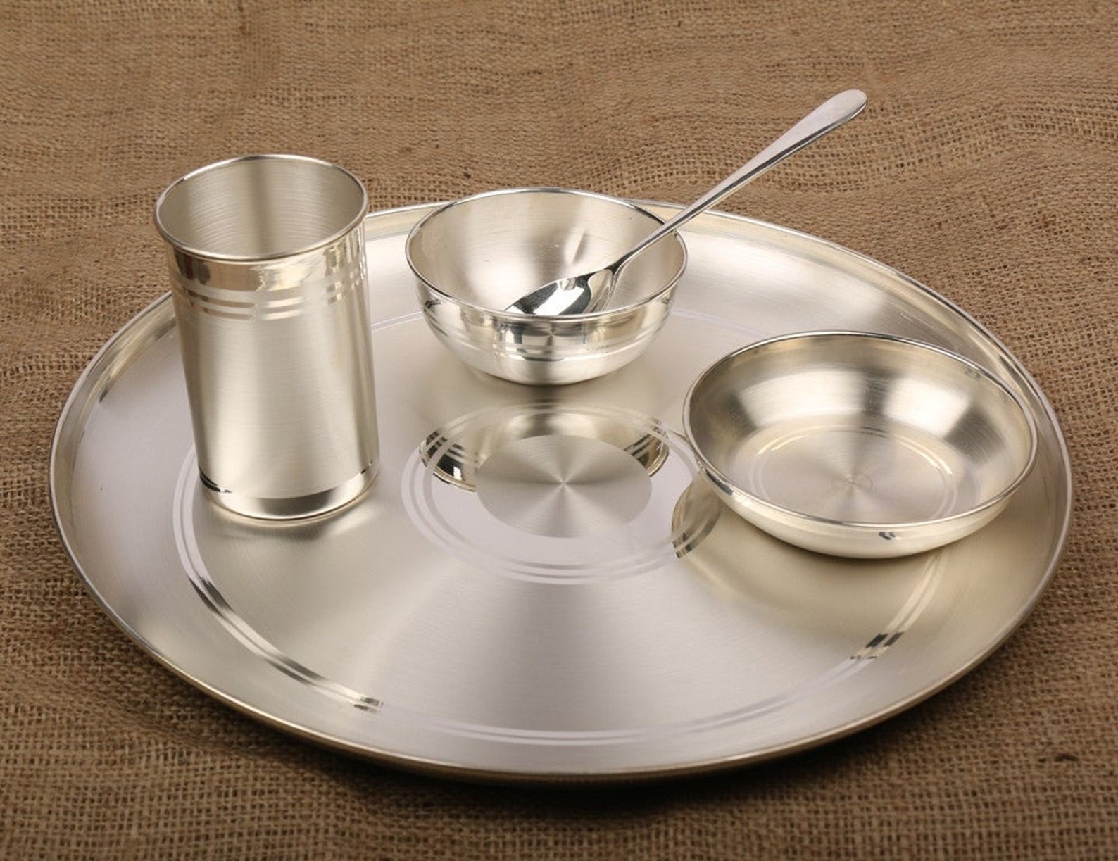 Pure Silver Dinner Set / Thali Set, Complete Pure Silver Dinner Set for