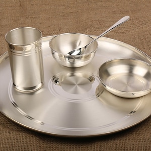 Pure Silver Dinner Set / Thali Set, Complete Pure Silver Dinner Set for Personal Use or  Gifting - Ashapura Pattern