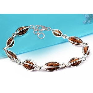 May include: A silver bracelet with brown beads. The beads are encased in silver frames. The bracelet has a silver clasp.