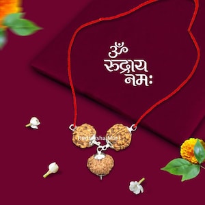 Nepalesische Rudraksha Kombination - 9,10,11 Mukhi (Gesichter) in Silberanhänger mit rotem Faden, Labor zertifiziert