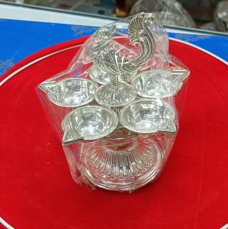 Pure Silver 5 Flame Diya With Peacock Design Showpiece on Top of Diya