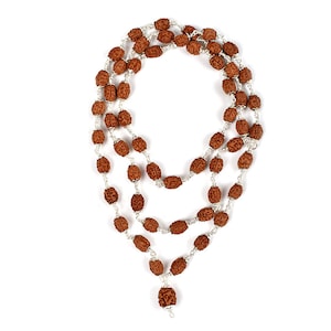 3 Mukhi Indonesian (Java) Rudraksha Agni Mala in 96% Purity Silver Made 54 +1 Beads In 9 mm - 10 mm Lab Certified 34 Inch approx mala length
