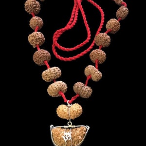 May include: A red string necklace with brown beads and a pendant made of two brown beads with a silver wire frame and the symbol "Om" inside.