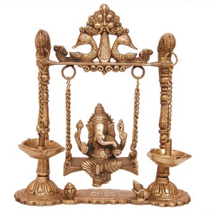 Antique Brass Swing Ganesha with Peacock Design Oil Lamp
