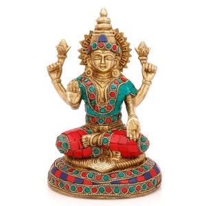 Brass Goddess Lakshmi Statue with Stonework Decorative Showpiece