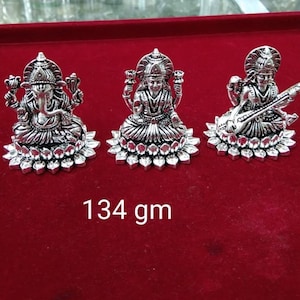 92.5% Antique Pure Silver Small Size Hollow Ganesh, Laxmi and Saraswati Goddess Idol for Pooja, Gifting and Temple Usage