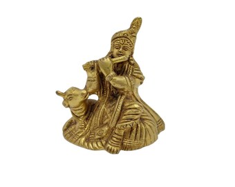Statue Of Lord Krishna Playing Flute With Cow Brass