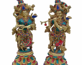 Divine Couple Radha Krishna Idol, Home Entrance Decor, Multicolor Studded Work