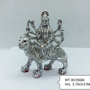 999 Fine Pure Silver Hollow Durga Maa Sitting On Lion Statue