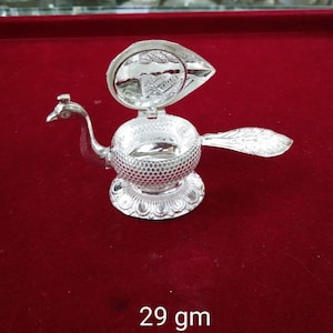 Small Size Sterling Silver Sindoor box, Kumkum Box, Holder/Bowl with Peacock Design for Pooja and Gifting, Temple Usage