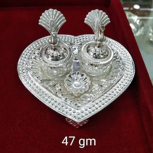 Heart Shaped Design Pure Silver 1 Set of Haldi/Kumkum Holder with Dish having Peacock Design, Silver Kumkum box, brides gift, puja utensils