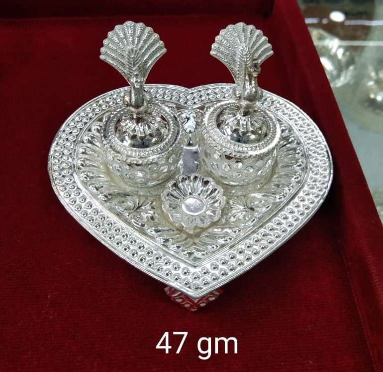 Heart Shaped Design Pure Silver 1 Set of Haldi/kumkum Holder With
