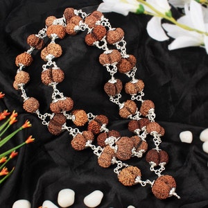 以下が含まれることがあります： ルドラクシャの種で作られたビーズが付いた、茶色と銀色のマラネックレス。ネックレスは黒い布の背景の上に置かれています。