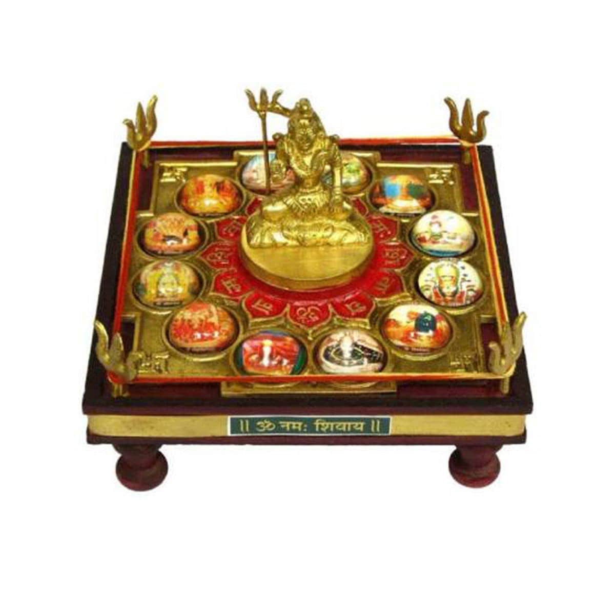 12 Jyotirling Sampoorna Shiva Yantra Chowki with Lord Shiva Idol In Brass & Wood