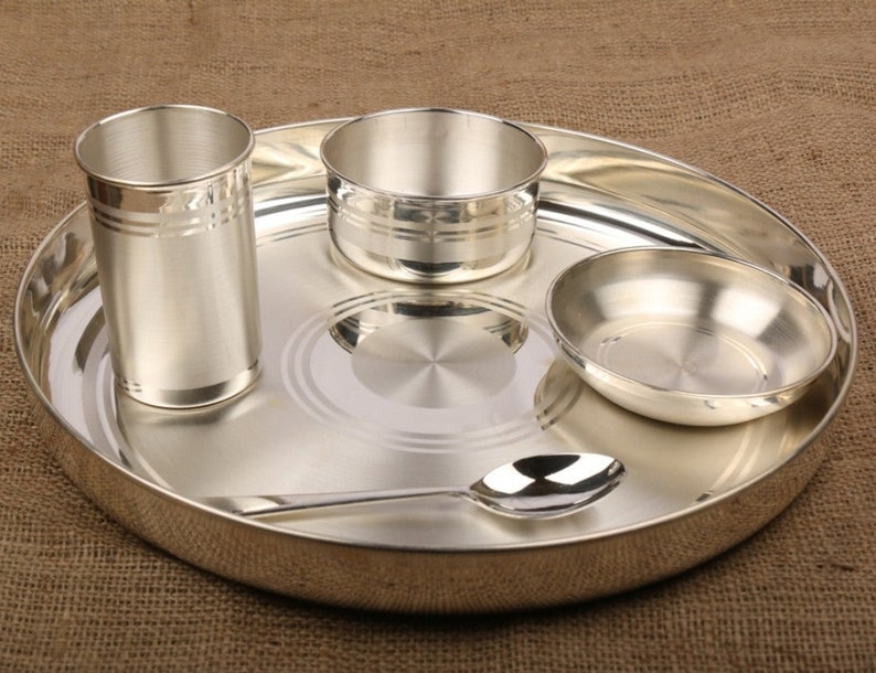 Fine Silver Dinner Set / Thali Set, Complete Pure Silver Dinner Set for