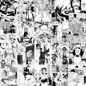 May include: A black and white collage of manga panels featuring characters from various series. The panels depict scenes of action, dialogue, and character expressions. The collage is a celebration of the art form and its diverse storytelling.