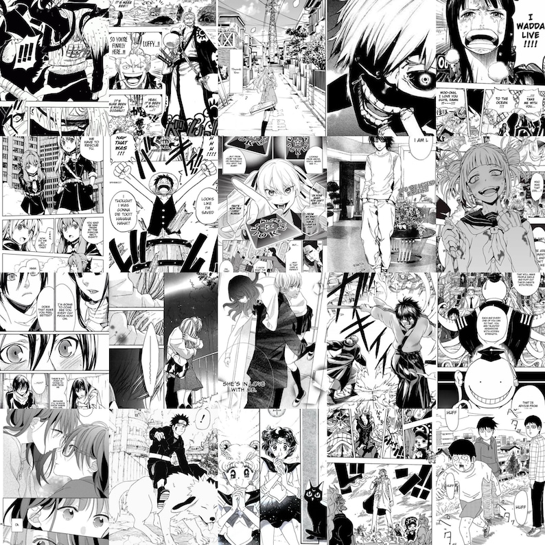 May include: A black and white collage of manga panels featuring characters from various series. The panels depict scenes of action, dialogue, and character expressions. The collage is a celebration of the art form and its diverse storytelling.
