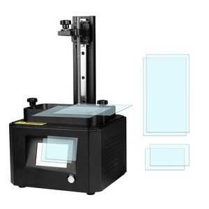 May include: Black 3D printer with a glass build plate and a small LCD screen. The printer has a black frame and a silver metal rod. Two glass plates are shown separately.
