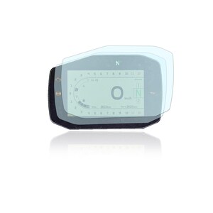 May include: A clear screen protector for a motorcycle instrument panel. The protector is designed to fit over the screen and protect it from scratches and damage. The screen protector is shown on a white background.