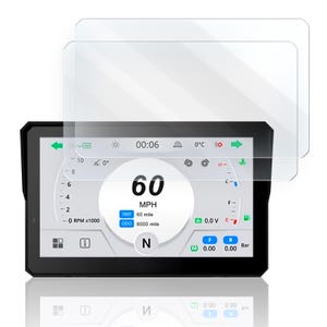 Pode incluir: Protetor de tela do painel da motocicleta com display digital mostrando 60 MPH. A tela exibe várias métricas, incluindo RPM, temperatura e nível de combustível. Dois filmes protetores transparentes estão incluídos.