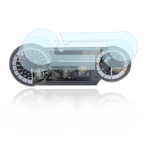 May include: A motorcycle dashboard with a speedometer, tachometer, and digital display. The display shows the time, speed, and other information. The dashboard is protected by a clear screen protector.